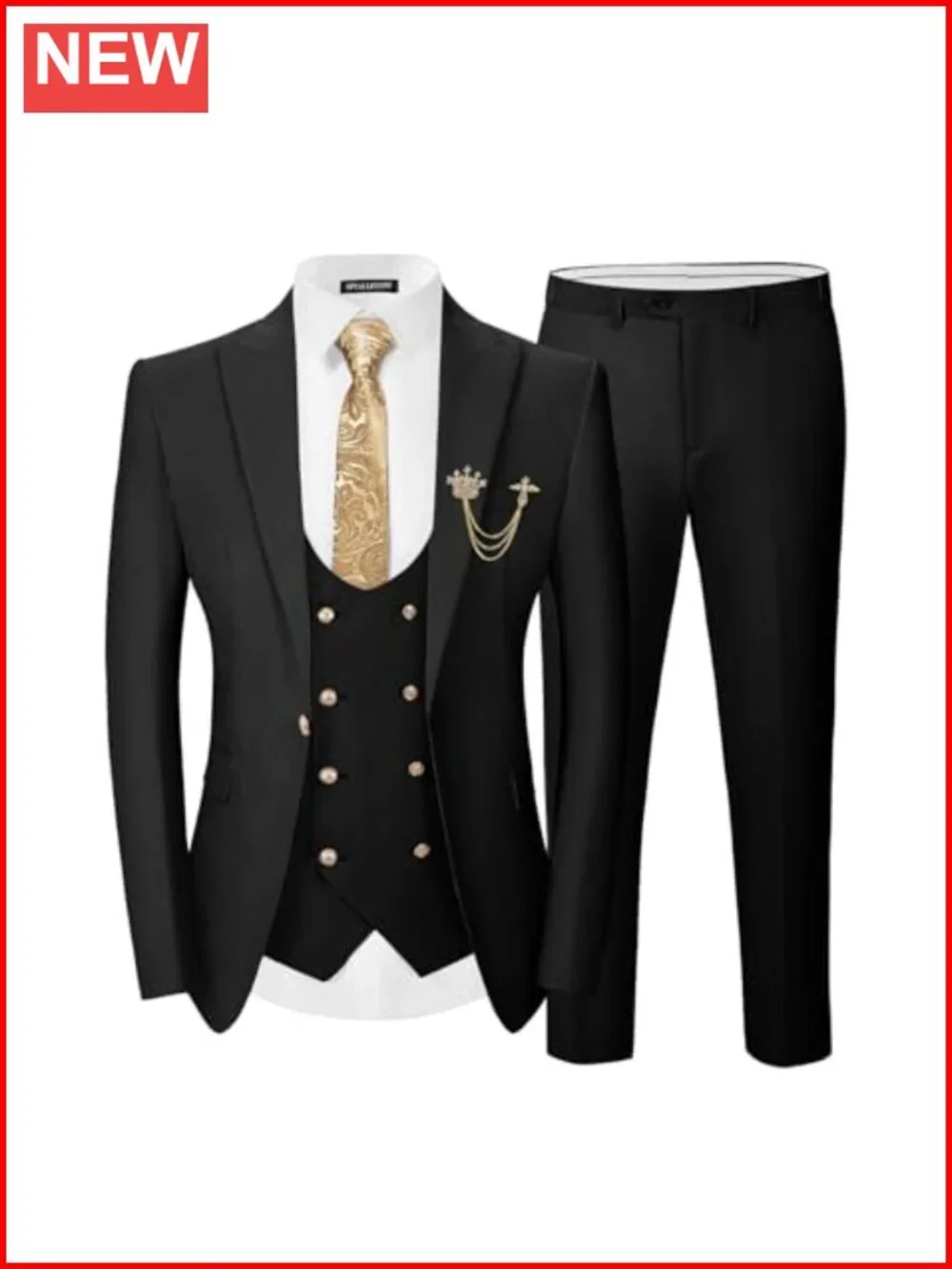 Men's 3 Piece Slim Fit Suit Set with Vest Gold Buttons Wedding Prom